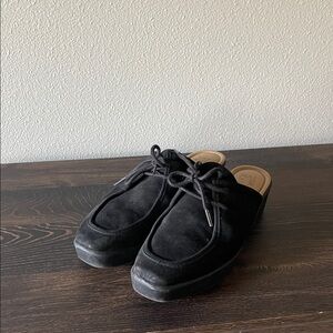 Naturalizer as Black Suede Slip-On Mules with Lace Detail